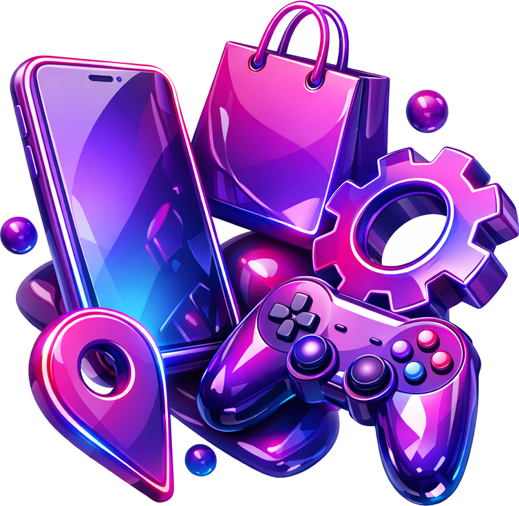3D-композиция из объектов мобильной рекламы: смартфон, игровой контроллер, корзина и геометка